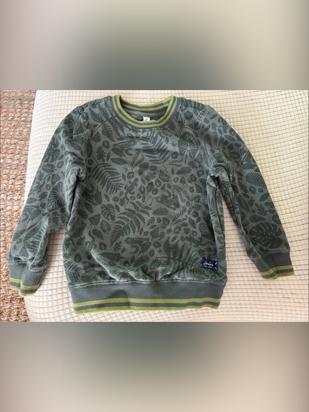 Joules Olive Green Leaf-Print Kids Sweatshirt with Lime Trim